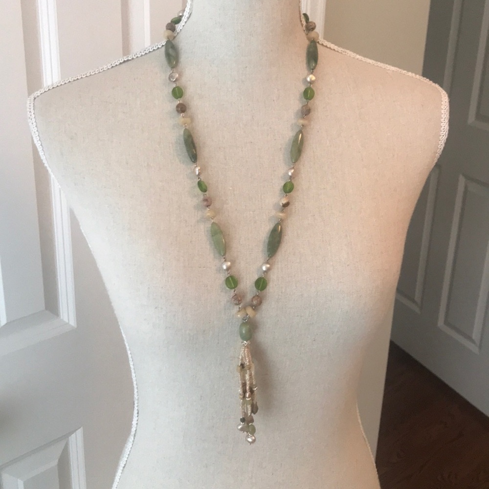 New beaded necklace and set of bracelets green tan brown